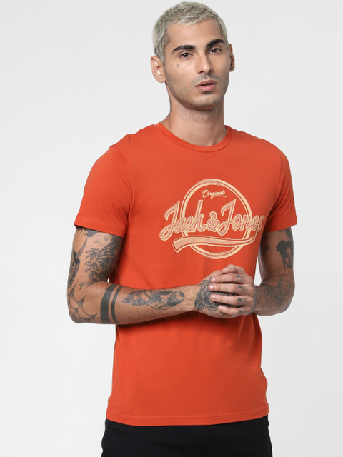 

Jack & Jones Men Orange & Beige Slim Fit Printed Round Neck T-shirt