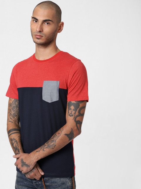 

Jack & Jones Men Red & Navy Blue Slim Fit Colourblocked Round Neck T-shirt