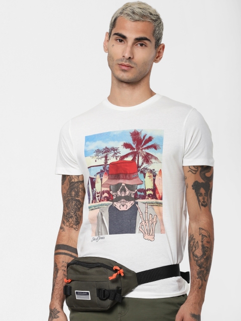 

Jack Jones Men White Slim Fit Printed Round Neck Pure Cotton T-shirt