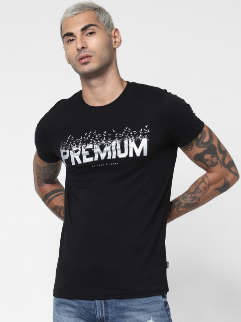 

Jack Jones Men Black Slim Fit Printed Round Neck Pure Cotton T-shirt