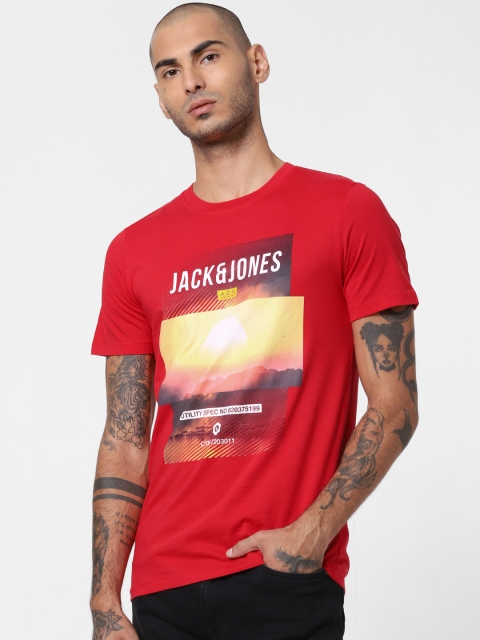 

Jack Jones Men Red Slim Fit Printed Round Neck Pure Cotton T-shirt