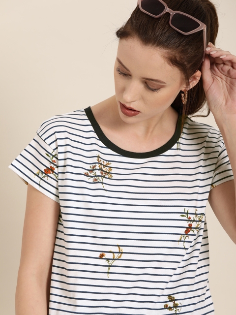 

Moda Rapido Women White & Navy Blue Striped Round Neck T-shirt