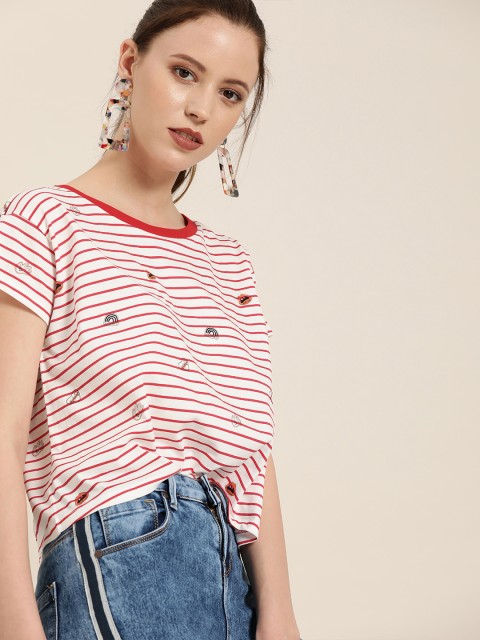 

Moda Rapido Women White & Red Striped Round Neck T-shirt
