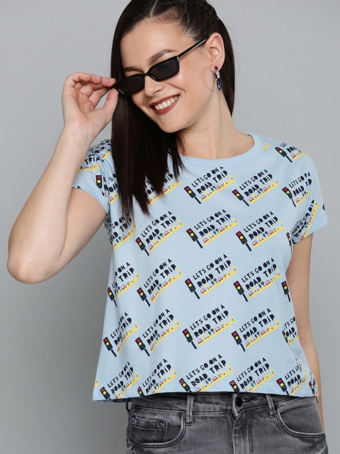 

HERE&NOW Women Blue & Black Printed Round Neck T-shirt
