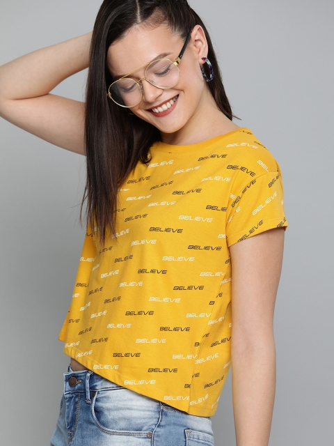HERENOW Women Yellow Printed Round Neck Pure Cotton T-shirt