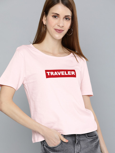 

HERENOW Women Pink Printed Round Neck Pure Cotton T-shirt
