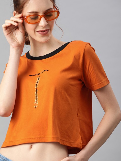 

HERENOW Women Rust Orange Solid Round Neck Crop Pure Cotton T-shirt