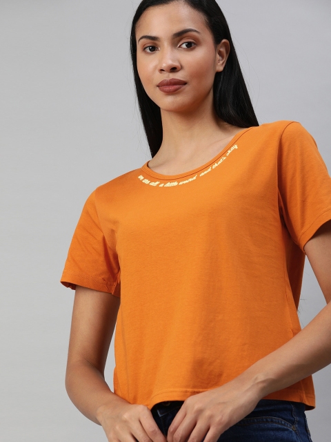 

]Moda Rapido Women Orange Solid Round Neck T-shirt With Print Detail