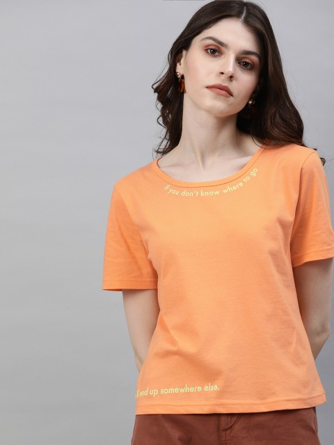 

Moda Rapido Women Coral Orange Solid Round Neck T-shirt