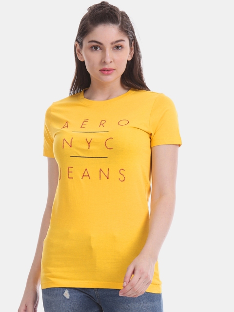 

Aeropostale Women Mustard Yellow Printed Round Neck T-shirt