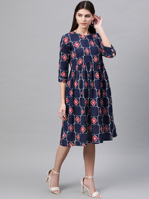 

Sangria Women Navy Blue & Red Printed A-Line Dress