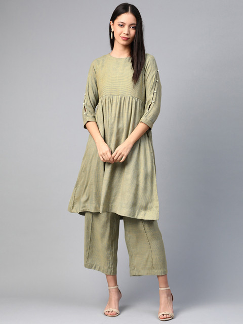 

Sangria Women Yellow & Blue Self-Striped Kurta with Palazzos
