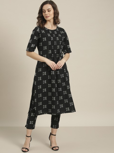 

Sangria Women Black & White Ikat Printed Sustainable Kurta with Trousers