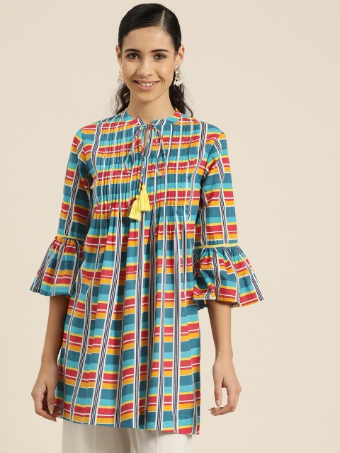 

Sangria Women Blue & Red Striped A-Line Pure Cotton Top