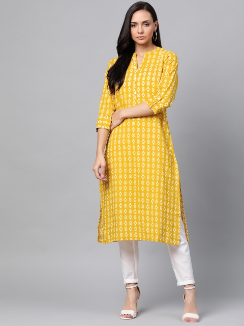 

Sangria Women Mustard Yellow & White Printed Straight Kurta