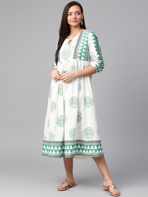 

Sangria Women Off-White & Green Printed A-Line Dress