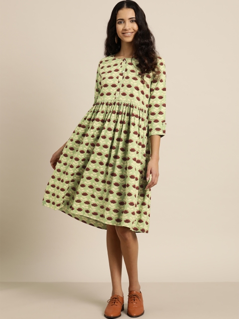 

Sangria Women Green & Maroon Printed A-Line Dress