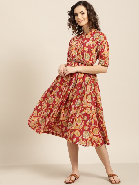 

Sangria Women Red & Mustard Yellow Batik Printed A-Line Dress with Belt