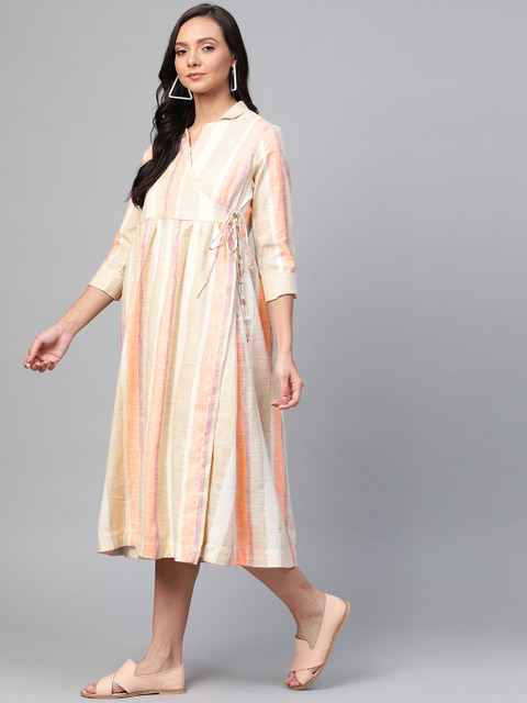 

Sangria Women Beige & Peach-Coloured Striped Wrap Dress