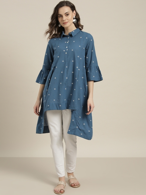 

Sangria Women Blue & Off-White Embroidered High-Low Pure Cotton Top