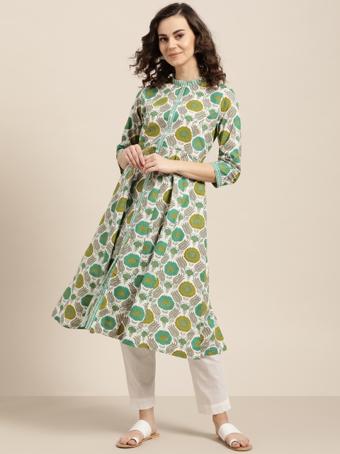 

Sangria Women White & Green Printed A-Line Kurta