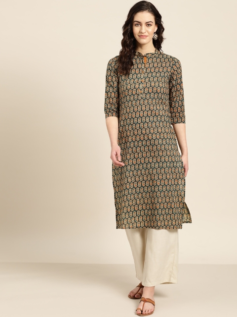 

Sangria Women Teal Green & Beige Printed Straight Kurta