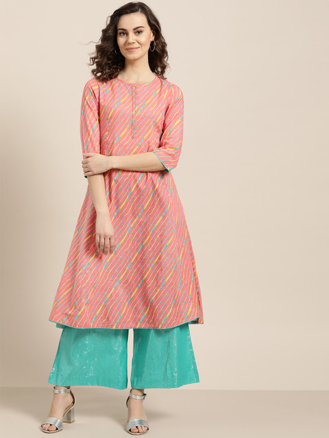 

Sangria Women Pink & Sea Green Leheriya Print Kurta with Palazzos