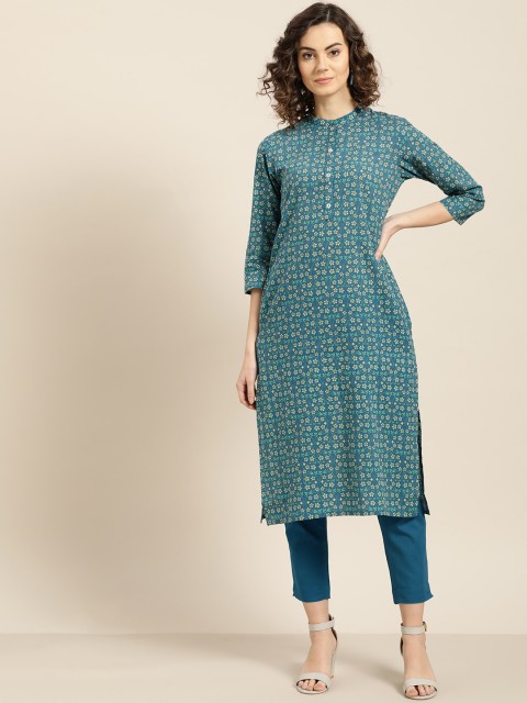 

Sangria Women Blue & Beige Printed Kurta with Trousers