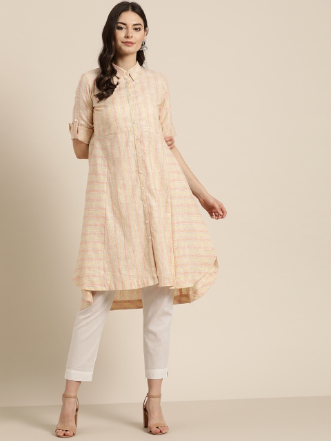 

Sangria Women Yellow & Peach-Coloured Striped High-Low A-Line Kurta