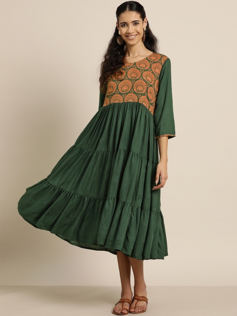 

Sangria Women Olive Green & Orange Printed A-Line Tiered Dress