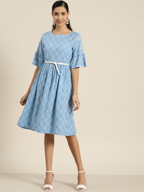 

Sangria Women Blue & White Printed A-Line Dress with Belt