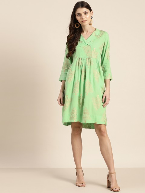 

Sangria Women Green & Golden Printed A-Line Dress