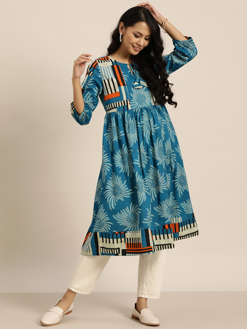 

Sangria Women Teal Blue & Off White Ethnic Motifs Printed Kurta
