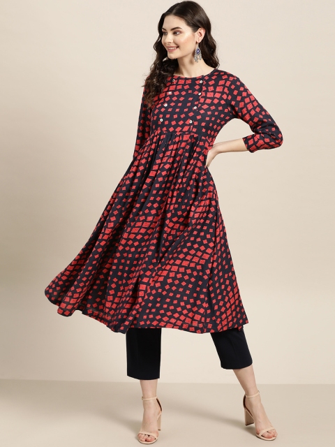

Sangria Women Navy Blue & Coral Pink Printed Anarkali Kurta