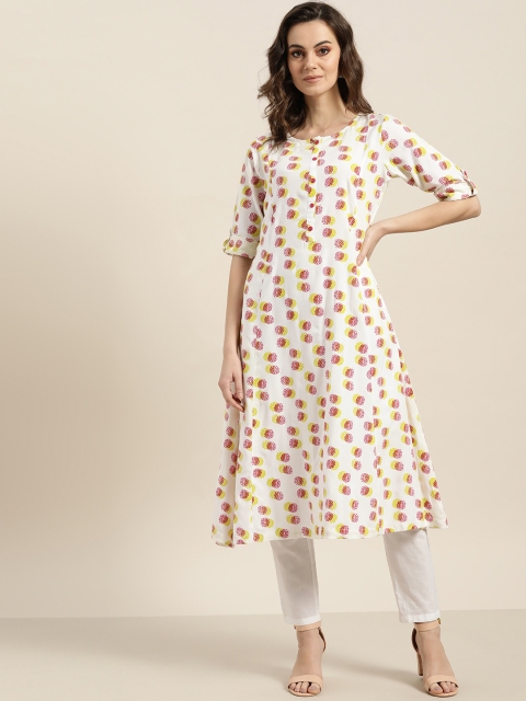 

Sangria Women White & Pink Printed A-Line Kurta