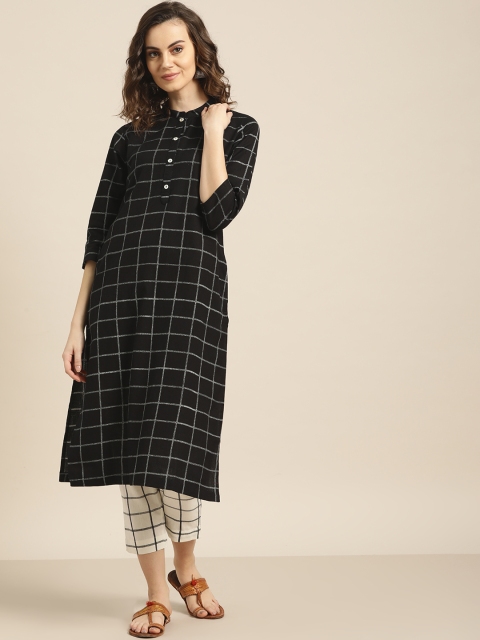 

Sangria Women Black & Off-White Checked Kurta with Trousers