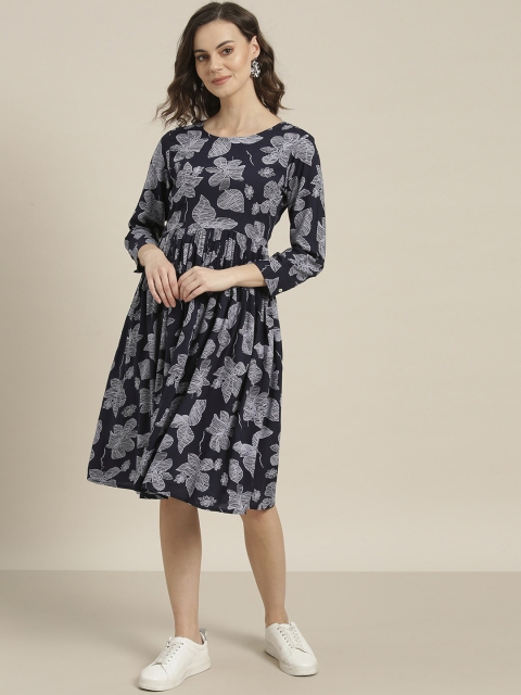 

Sangria Women Navy Blue & Off-White Floral Printed A-Line Dress