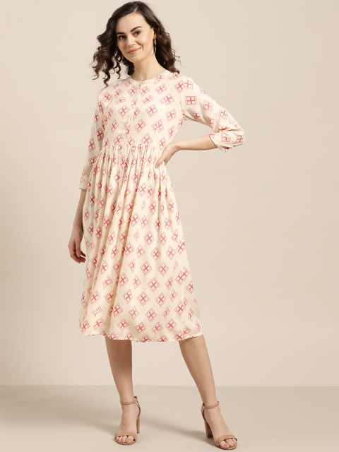 

Sangria Women Cream-Coloured & Pink Printed A-Line Dress