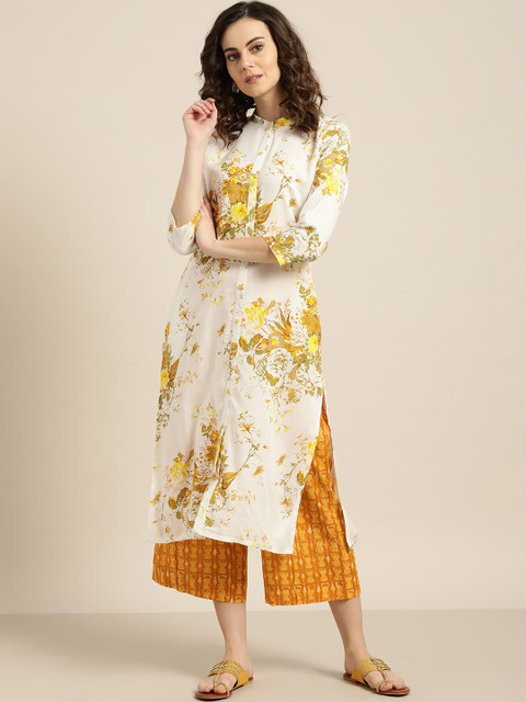 

Sangria Women White & Mustard Yellow Printed Kurta with Palazzos