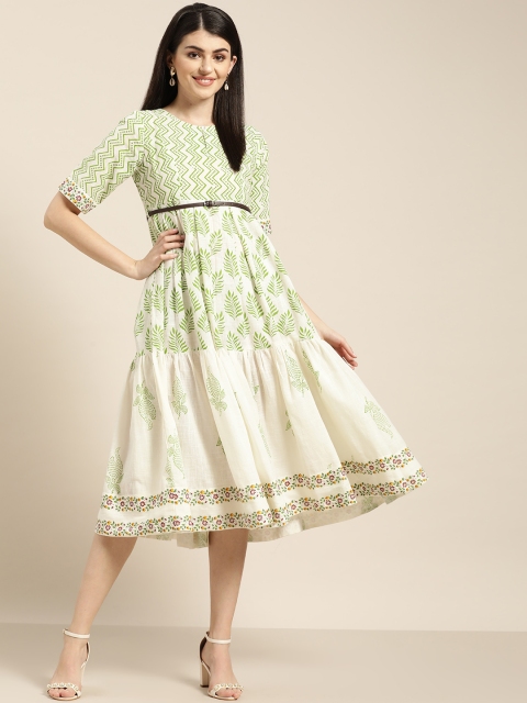 

Sangria Women Off-White & Green Printed Tiered Empire Dress