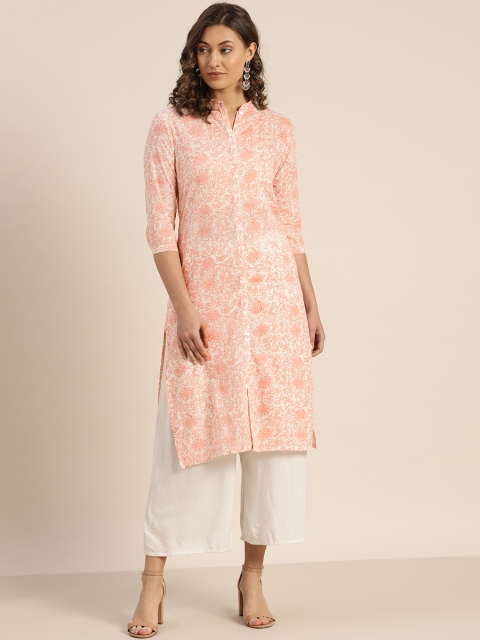 

Sangria Women White & Peach-Coloured Printed Straight Kurta