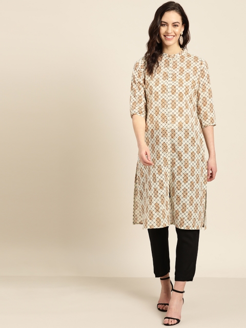 

Sangria Women Off-White & Brown Printed Straight Kurta