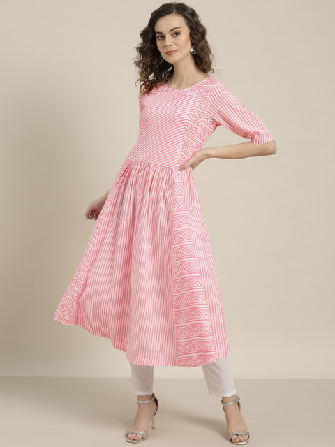 

Sangria Women Pink & White Striped A-Line Kurta