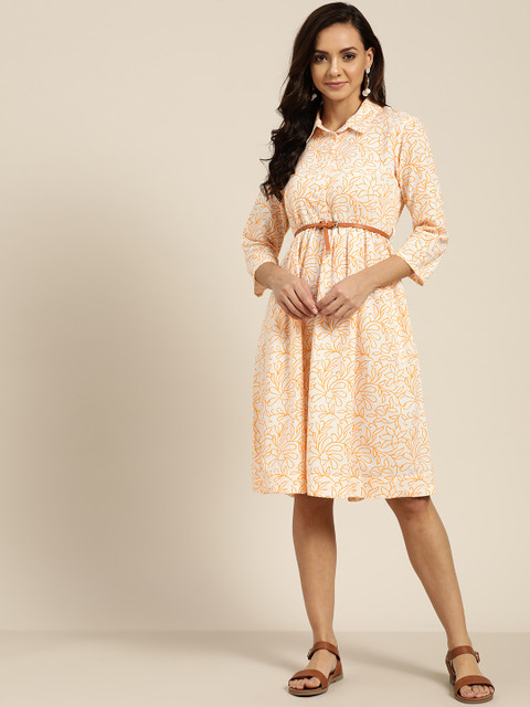 

Sangria Women Off-White & Orange Printed Shirt Dress