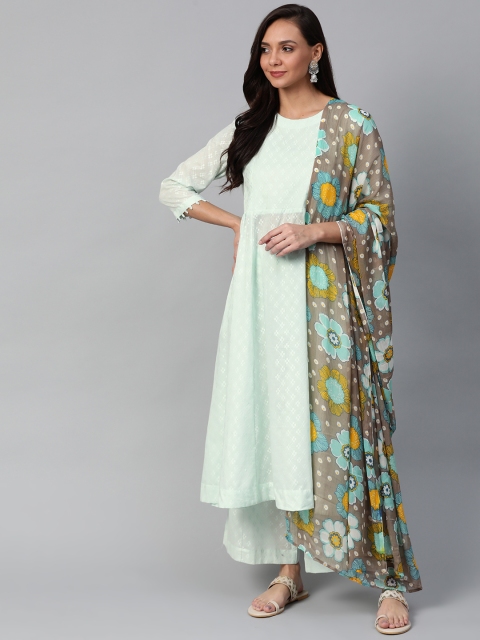 

Sangria Women Sea Green & Grey Self Design Kurta with Palazzos & Dupatta