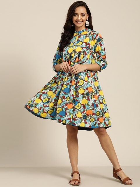 

Sangria Women Yellow & Blue Printed Empire Dress