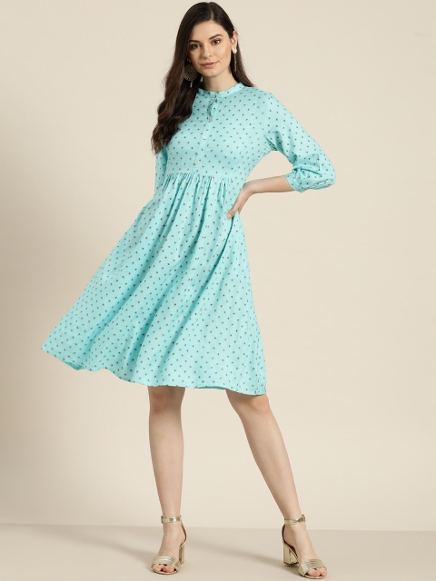 

Sangria Women Blue & Golden Printed A-Line Dress