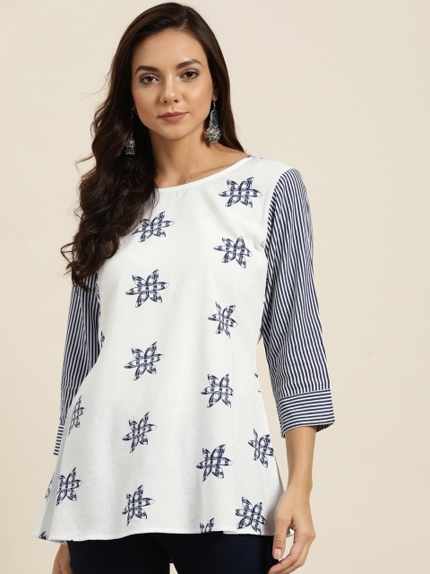 

Sangria Women White & Navy Blue Printed A-Line Top