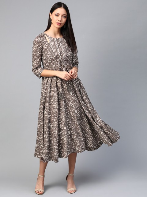 

Sangria Women Taupe & Off-White Ethnic Print A-Line Dress