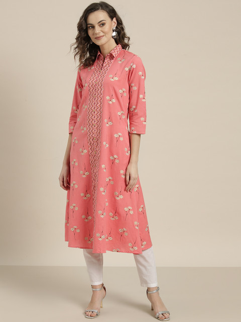 

Sangria Women Pink & Golden Floral Print A-Line Kurta